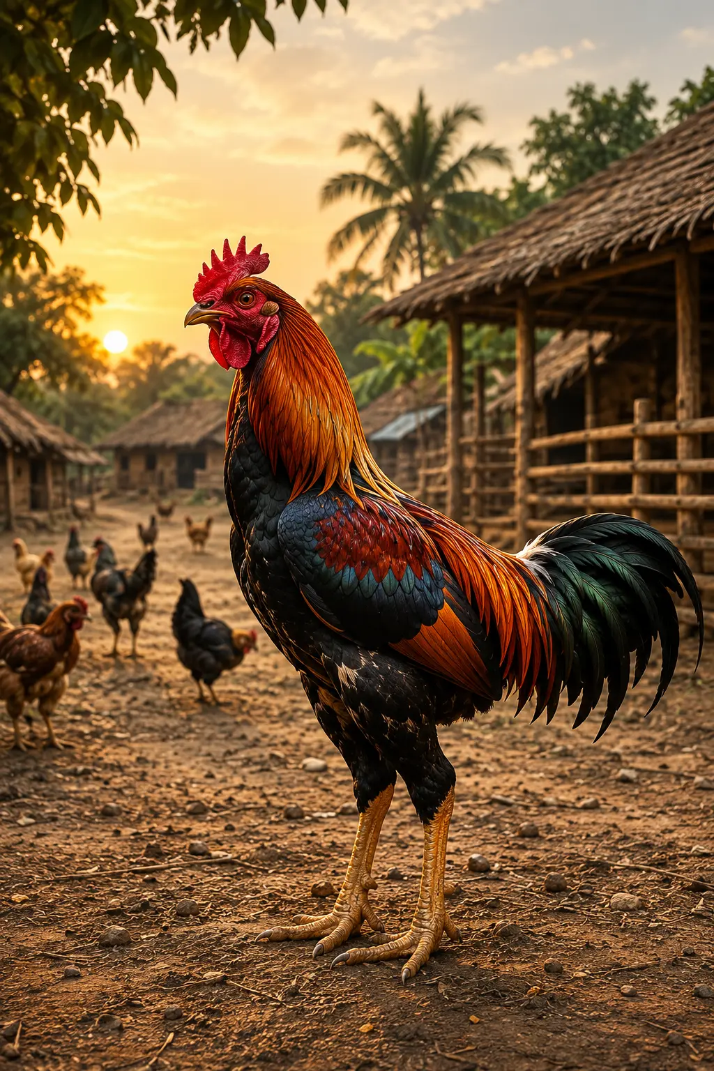 Village Roosters farm rooster at sunrise